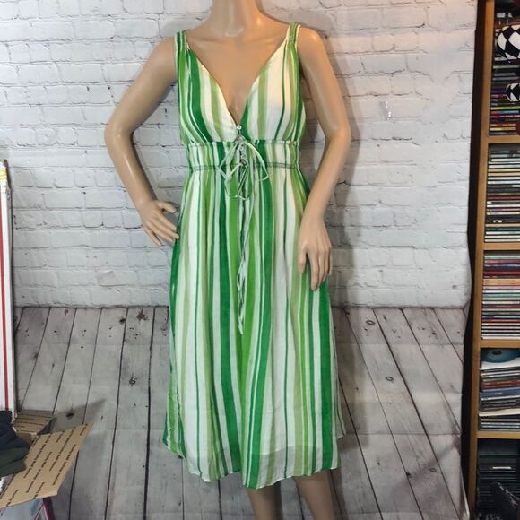 Zara Basic Green White Striped Deep Vneck Sundress Juniors Size Large - Picture 9 of 11